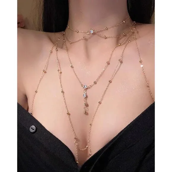 🆕Sexy Gold Body Chain for Women Pearl Bra Necklace Jewelry by QWALIT Trendy - Picture 3 of 7